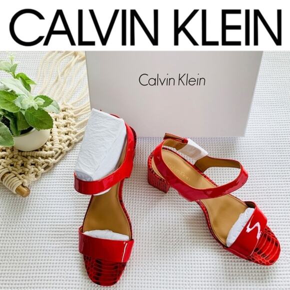 CALVIN KLEIN NEW Open Toe Sandal High Heels Block Heel Red Shoes – Size 8 - Picture 5 of 8